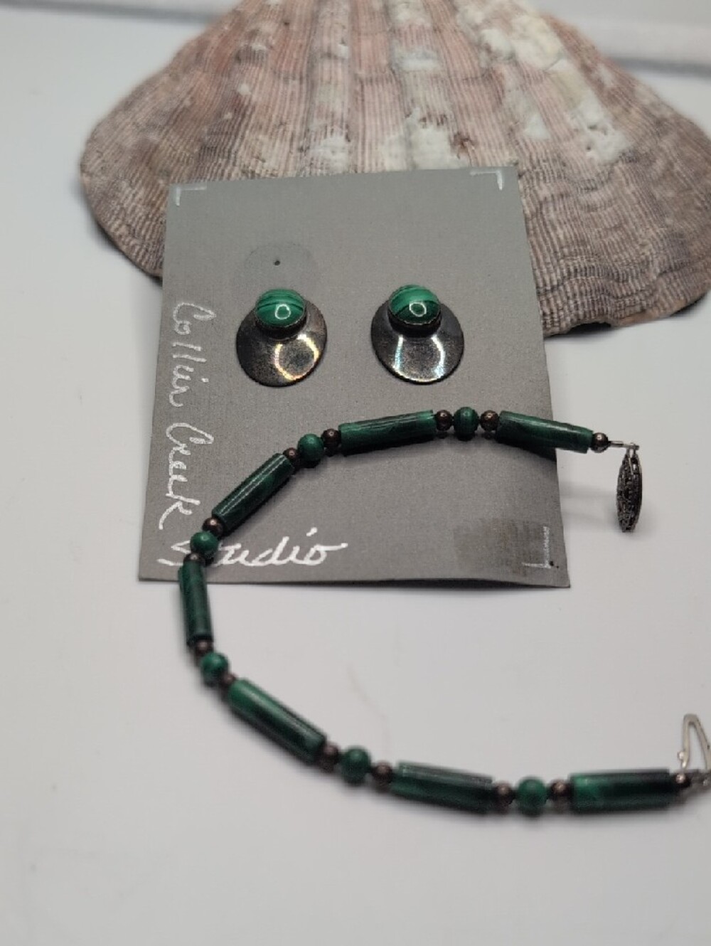 Vintage Artisan Made Sterling Silver Green Malachite Beaded Bracelet & Earrings